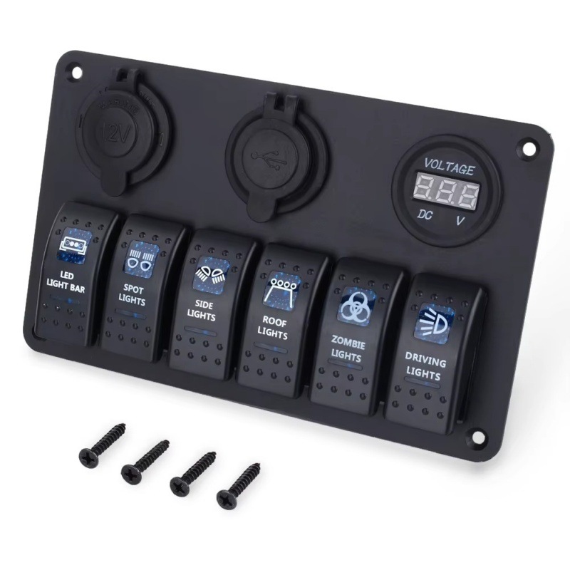 Interruptor universal transfronterizo de RV de 6 lugares, barco, automóvil yate con voltímetro de toma de carga USB dual montado en el vehículo