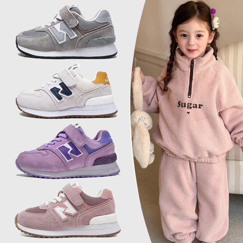 574 Children's Genuine Leather Girls' Sneakers 2026 Spring and Autumn Boys' Dad Shoes Children's Retro Winter Fleece N-Shaped Shoes