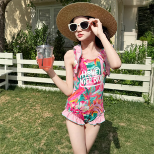 Girls' Floral Hot Spring Swimsuit, Sweet Lace Strap One-Piece Swimsuit for Older Children with Chest Pad Swimwear