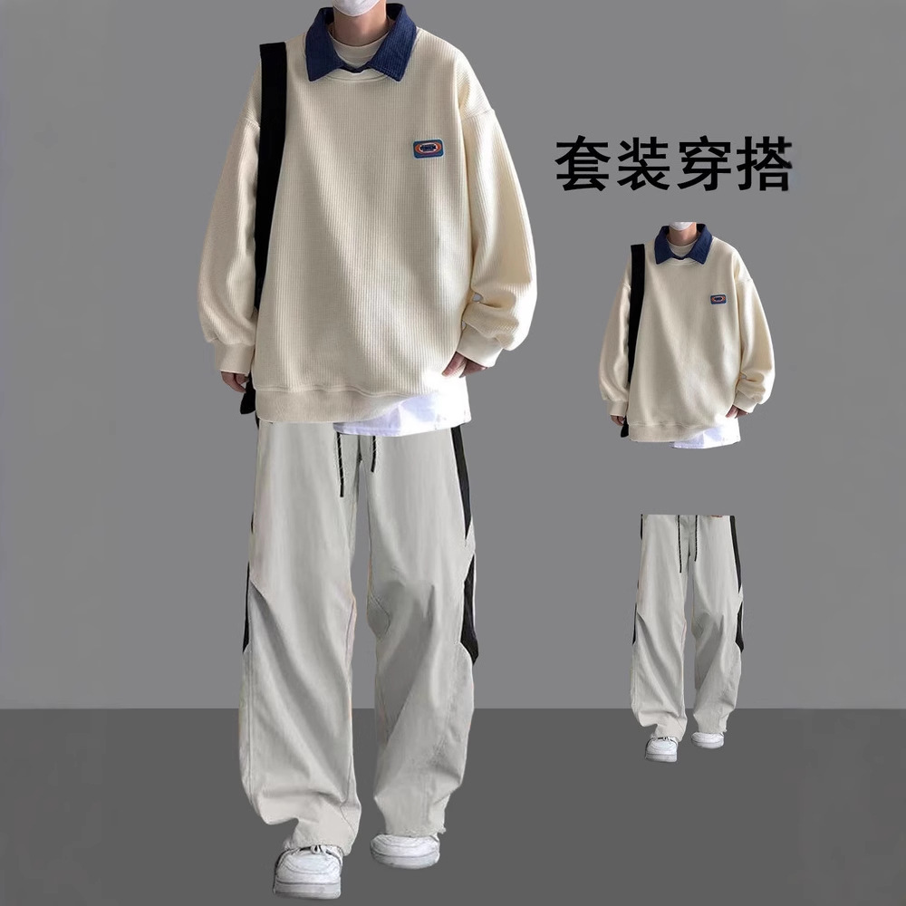 青少年帅气时髦卫衣套装男秋装重磅痞帅搭配一套潮流学生衣服男装