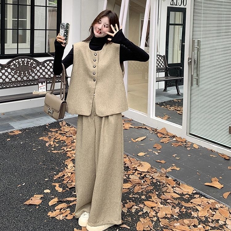 两件套裤套装女穿搭秋季感长风马甲休闲阔腿裤轻奢卡其色|undefined