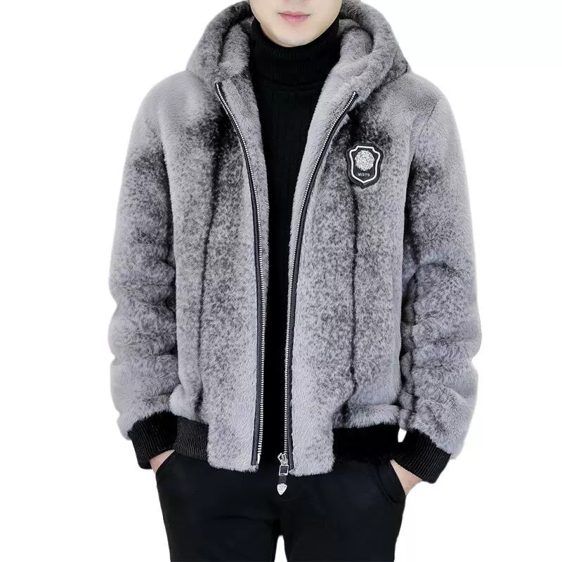 [Фабрика прямых продаж] среднего возраста имитация золотого норкового бархата кожаного пальто мужского короткого с капюшоном