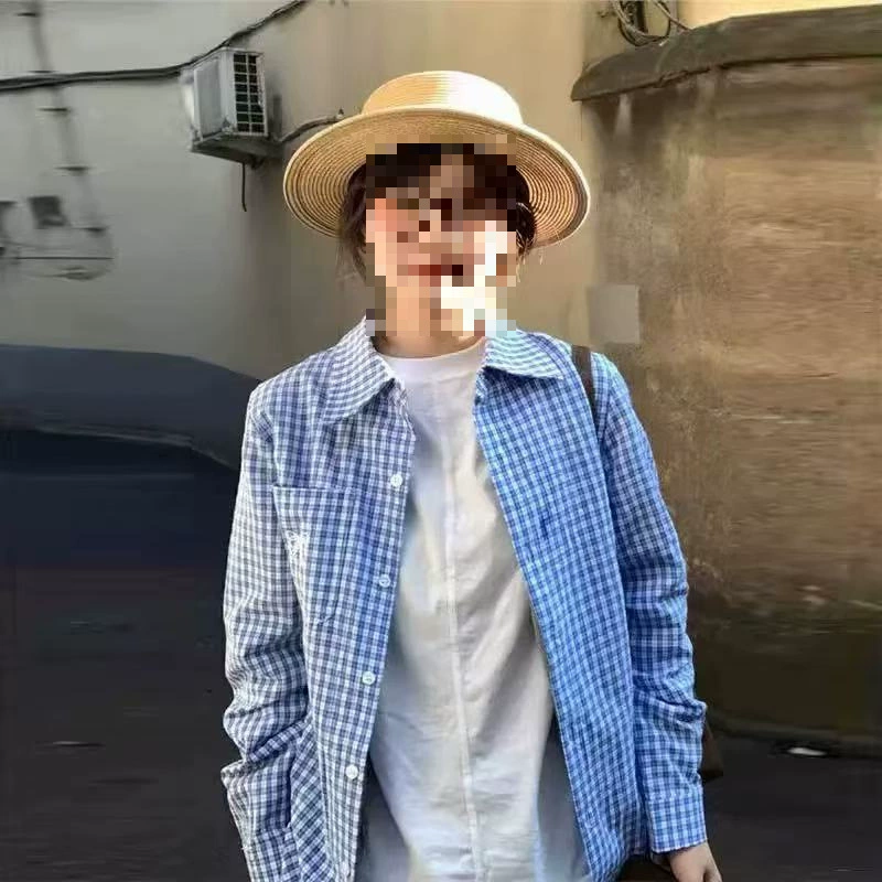 YS8miu синяя клетчатая рубашка женская весенняя с бантом вышитая рубашка с длинным рукавом куртка свободного кроя в стиле преппи