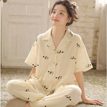 睡衣女夏季纯棉纱布短袖长裤新款开衫可爱宽松家居服套装