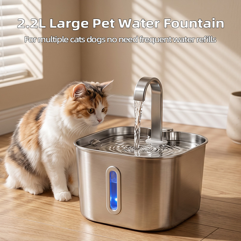 Fábrica de fuente 2.2L tubo plano de acero inoxidable para bebidas de mascotas de circulación automática de gran capacidad alimentador de agua para gatos y perros transfronterizos