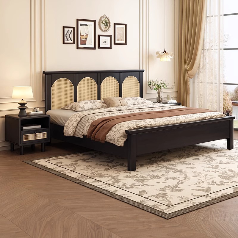 Cama de madera maciza francesa retro color nuez americana dormitorio principal cama doble 1.51.8 estilo medieval moderno simple