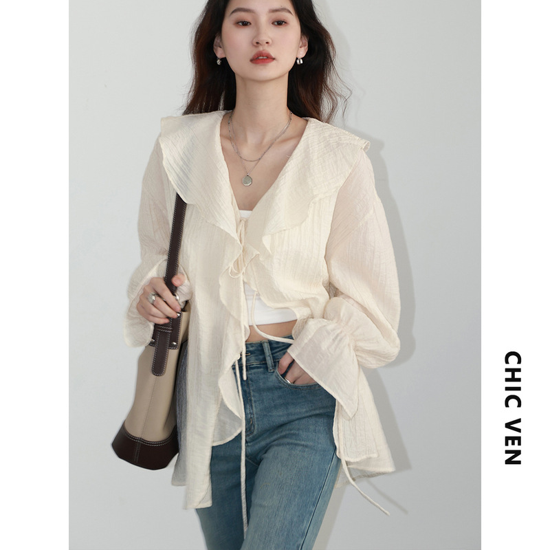CHICVEN "Imagine Space" Spring Texture Tencel Ruffled Loose Sleeve Lace-up Mid-length Shirt