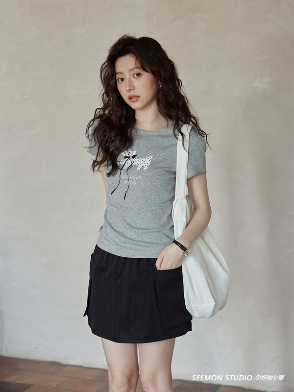 Ximon 2025 新しい夏韓国スタイルショートスリムフィットトップニッチ人気のユニークな小さな子犬半袖 T シャツ|undefined