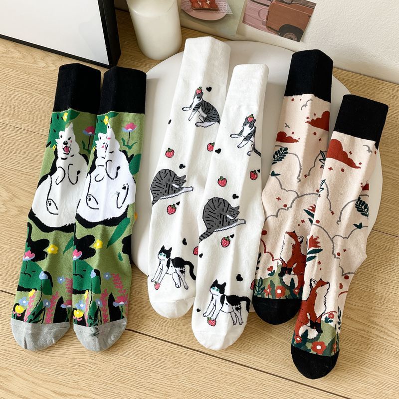 Japanese-Style 3D Cartoon Cross-Border Women's Socks, Trendy Adult Animal Socks, Fox and Cat Student Mid-Calf and Long Socks