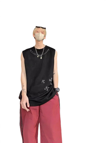 Vintage American Cross Print Leather Material Men's Summer Trend Brand Street Hip-hop Sleeveless T-shirt
