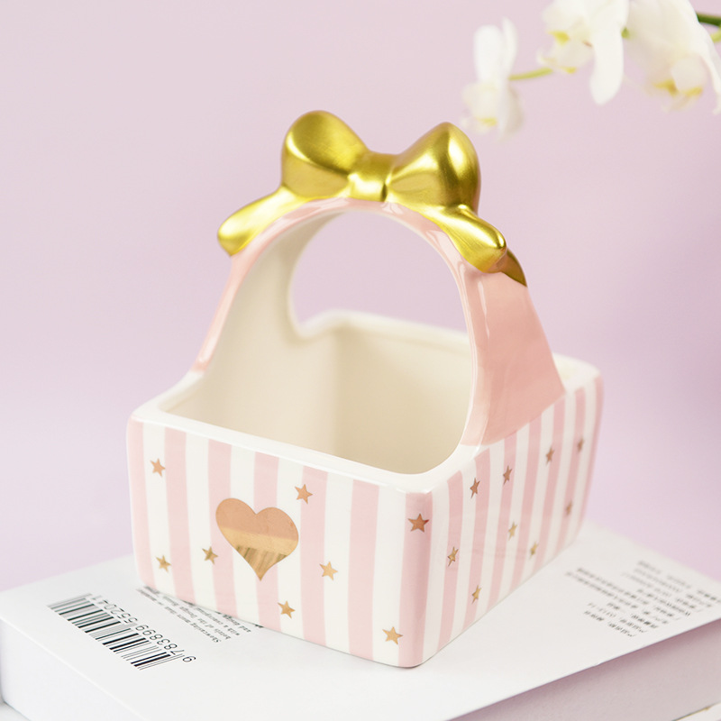 Rosa oro chica corazón cerámica cesta oro oso hámster caja de almacenamiento caja cosmética flor cesta adornos decorativos image 3