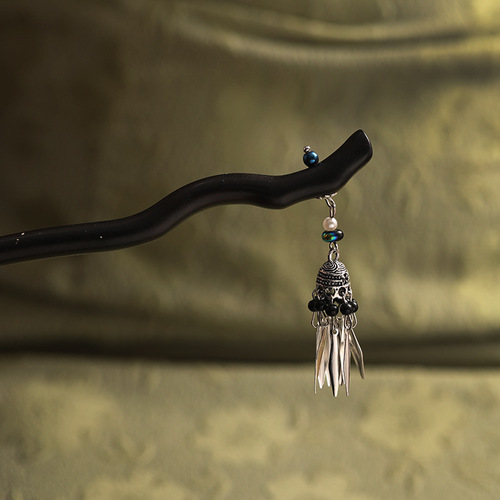 Ancient-style black sandalwood hairpin, green sandalwood tassel hair ornament, daily hairstyle hairpin, Hanfu accessory, simple hair comb for hair styling