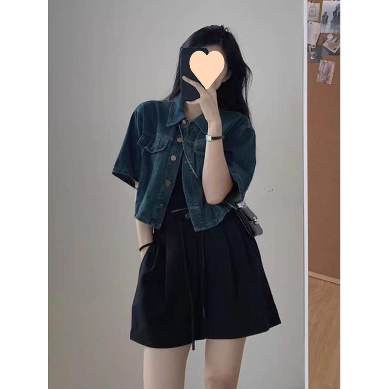 夏季新款牛仔外套女復古小個子短袖上衣高級感領襯衫薄款外搭