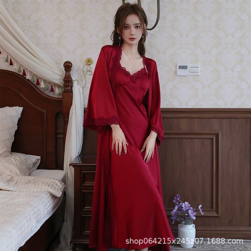 French Court Style Pajamas Women's Spring and Autumn High-grade Ice Silk Red Festive Year Bride Morning Gown Long Nightgown