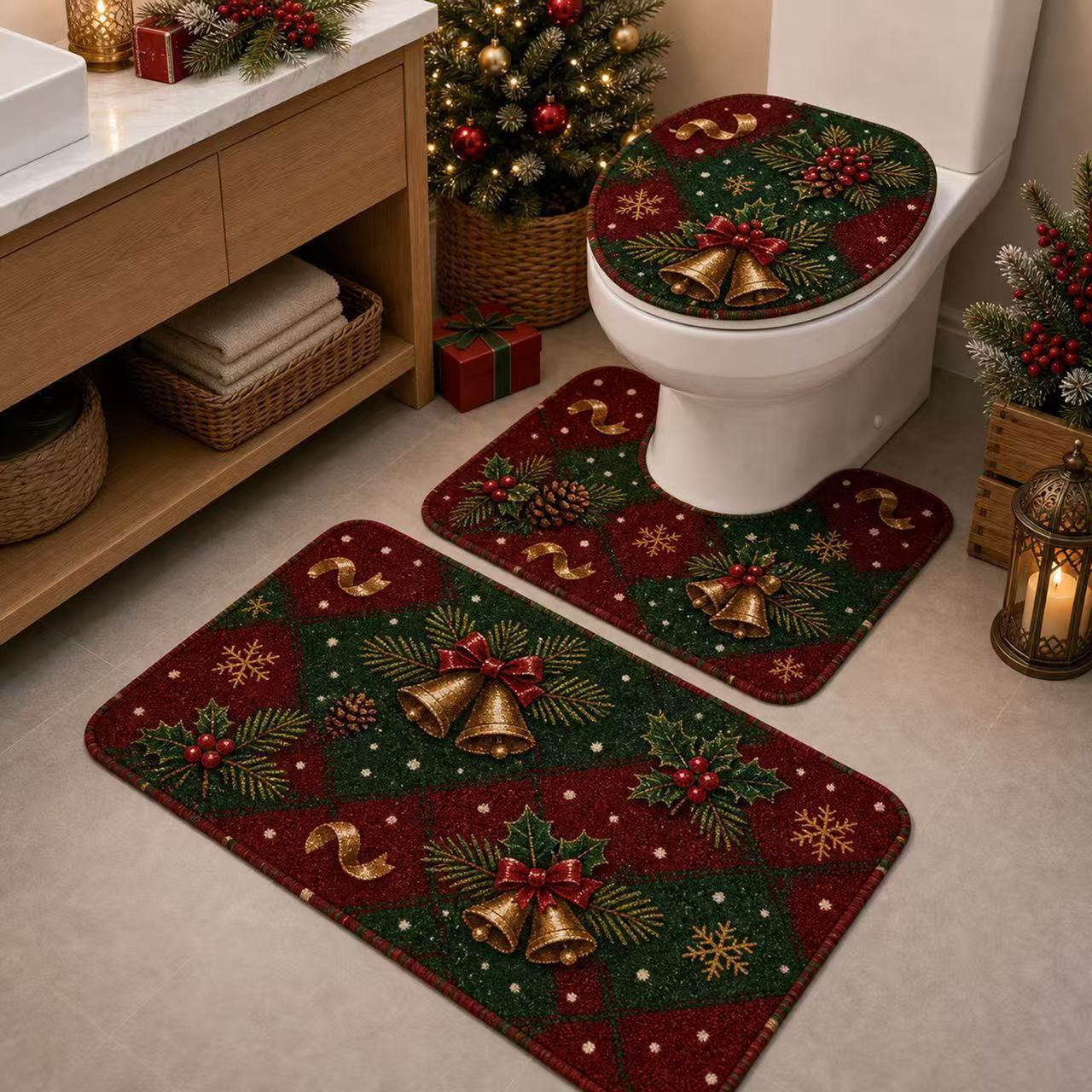 Cross-border TEMU Christmas new diatomite floor mat set of three for bathroom, toilet, water-absorbent and non-slip toilet mat