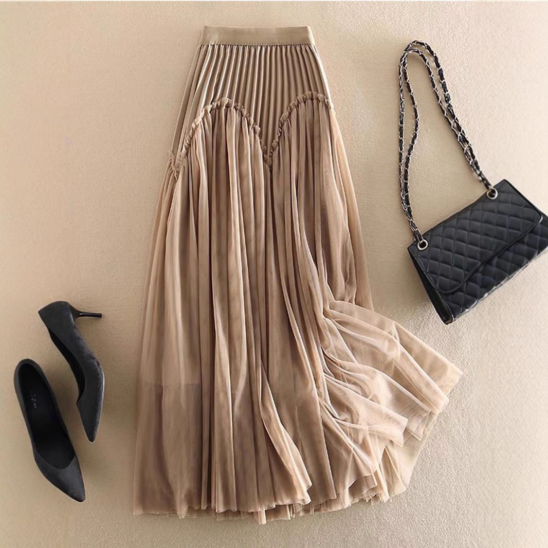 Demi-season elegant classic long design pleated skirt
