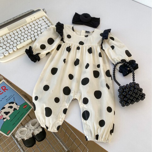 INS Spring New Baby Onesie Korean Style Girls' Baby Polka Dot Long Sleeve Pajama Suit Outwear Thin Climbing Suit
