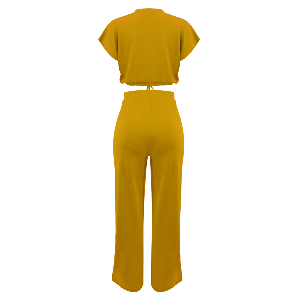 Summer Drawstring Short Top High Waist Slit Women Trousers Two Piece Suit