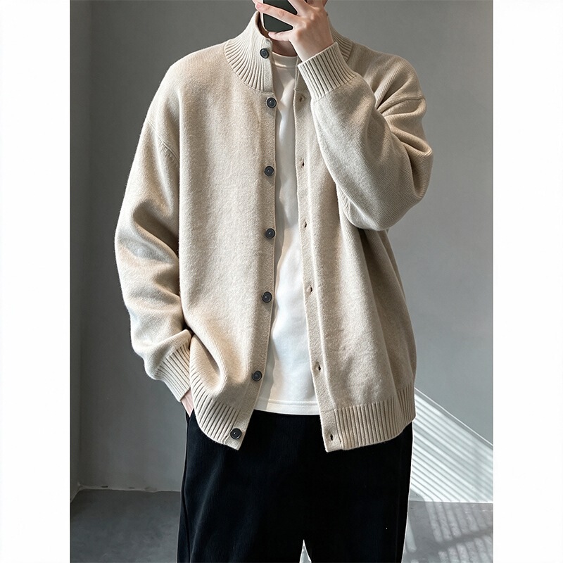 Korean-style knitted cardigan with a half-high collar, simple solid color, loose long-sleeve sweater, new autumn fashion, high-end feel jacket Korean-style knitted cardigan with a half-high collar, simple solid color, loose long-sleeve sweater, new autumn fashion, high-end feel jacket