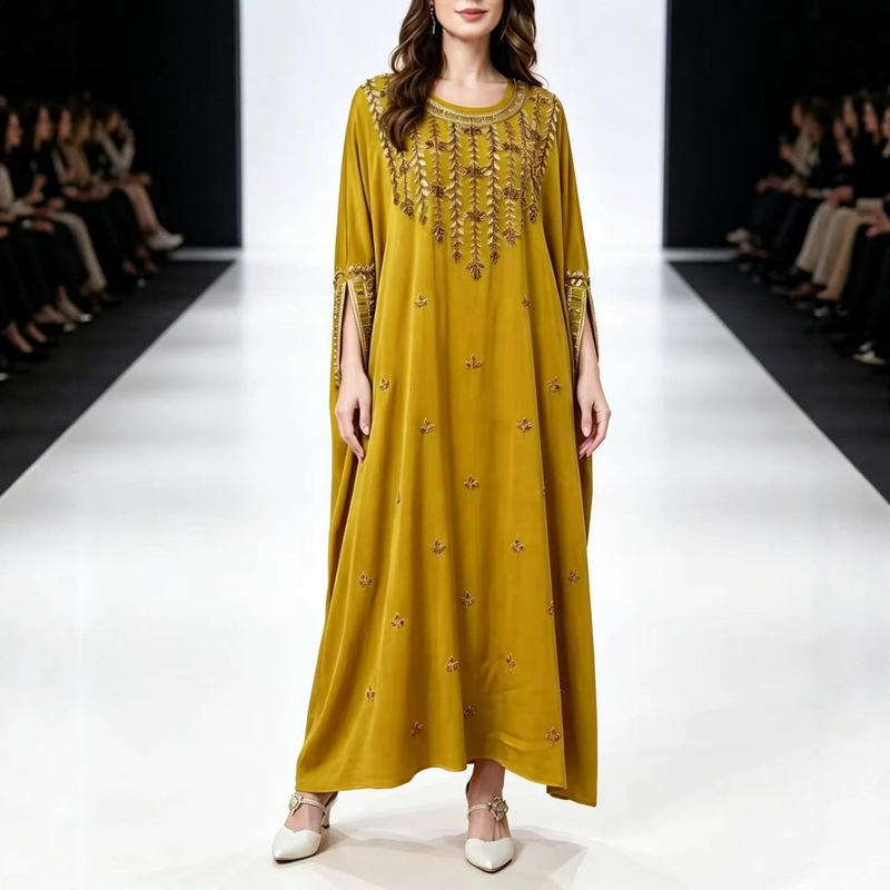 Cross-Border Fashion Handmade Embroidered Beaded Satin Dress for Women 2026 New Style Loose-Fitting Elegant Banquet Gown Long Dress