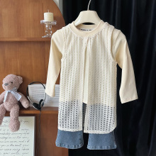 2025春季新款韩版女童长袖打底衫背心长衫牛仔裤休闲三件套67379