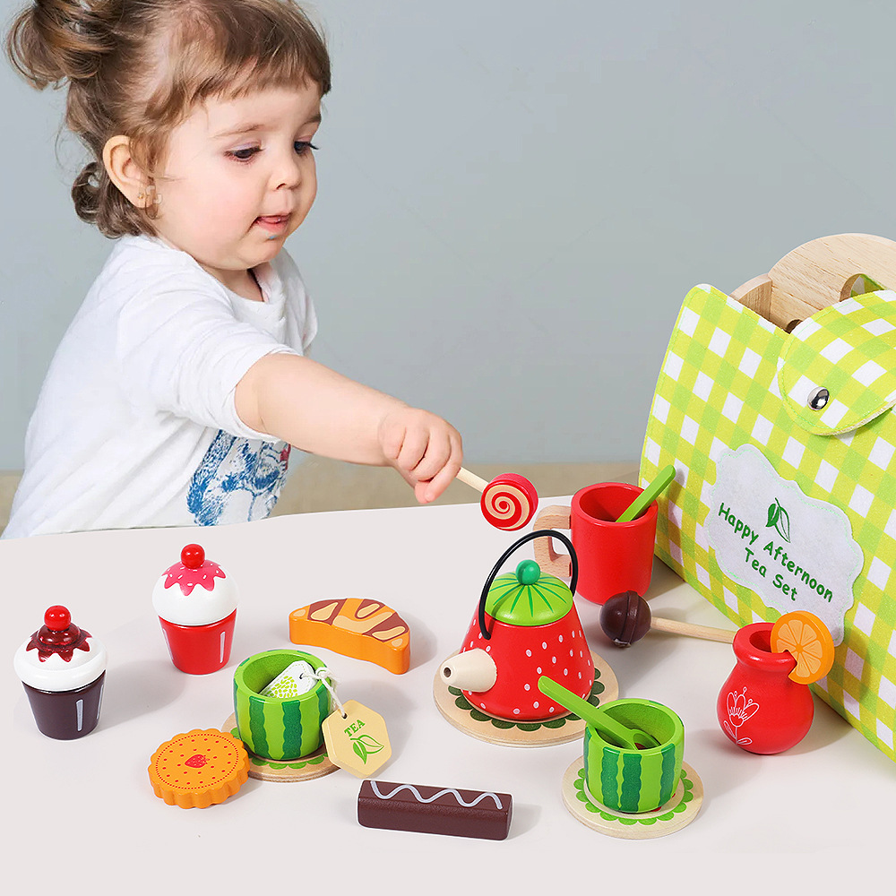 Transfronterizo de madera té de la tarde helado postres simulación set de té caja de mano juguetes de puzzle para niños pequeños