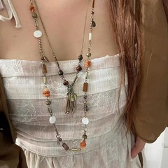 ヴィンテージ中古銭フリンジ数珠ネックレス女性レトロ民族風多要素砂利ロングタイプセーターチェーン
