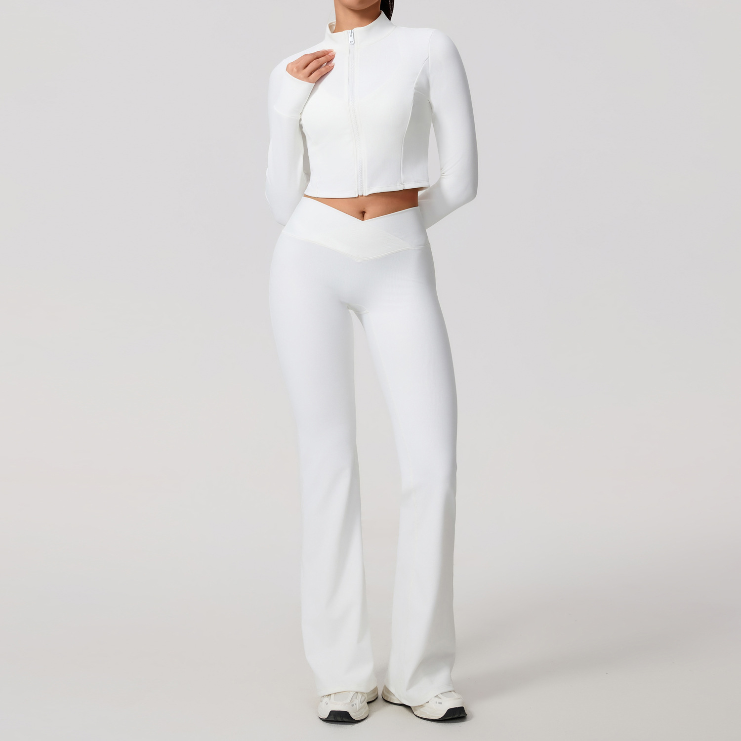 Europa y América sexy cruzada belleza de espalda deportiva al aire libre chaqueta con cremallera piernas anchas cintura alta y largo conjunto de pantalones de calzado 7005