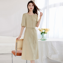 真丝冠乐绉高端轻奢重磅圆领系带时尚气质提花桑蚕丝连衣裙中长款