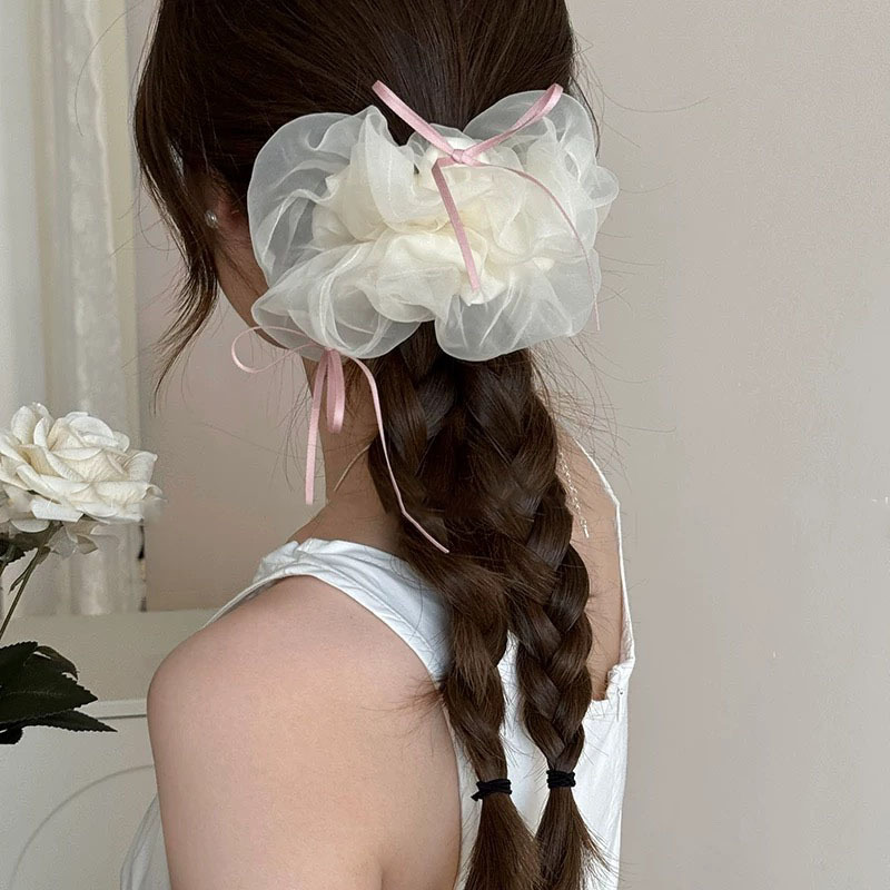 Primavera y verano, esbeltas nubes de color crema francesa de alta calidad, lazo para el cabello grande, cola de caballo, lazo de intestino grueso, tocado, flor para la cabeza
