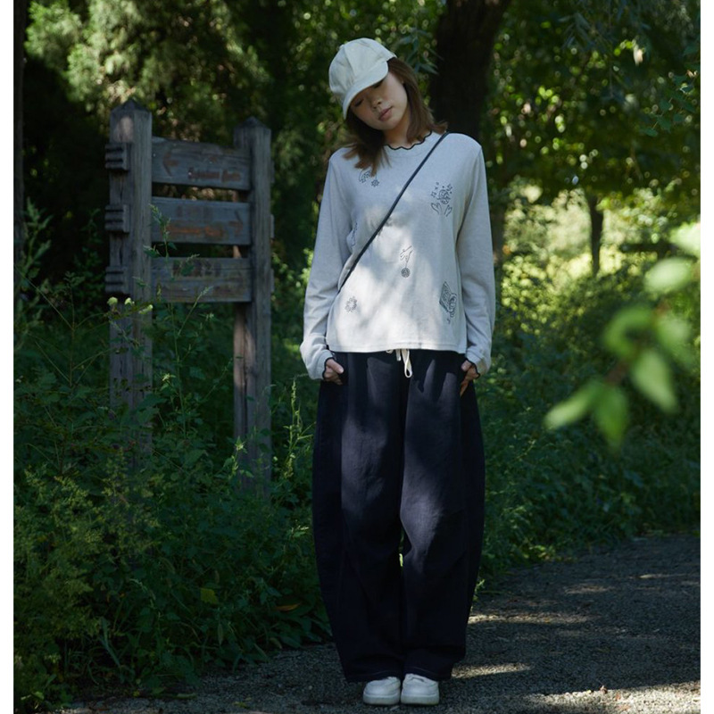 Autumn New Japanese-Style Retro Embroidered Linen Cotton Long-Sleeve Sweatshirt T-Shirt with Lace Collar Base Shirt Women's Top