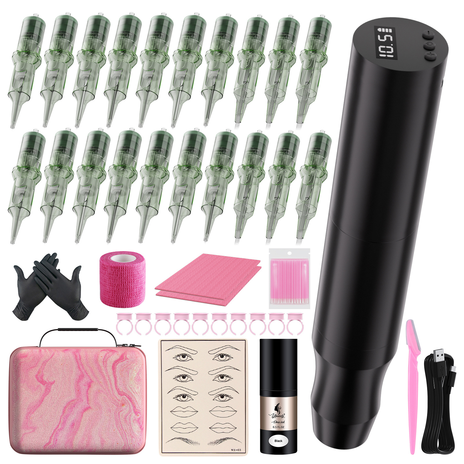 Batería USB inalámbrica pintagon de tatuajes de cejas bordadas herramientas de línea de ojos con bolsa de almacenamiento conjunto completo de suministros de bordado