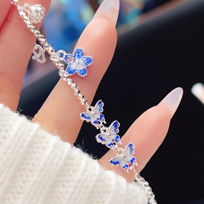 999 純銀ブルーエナメル蝶の花ブレスレットフェミニンニッチデザイン中国風ハイエンドブレスレット卸売|undefined