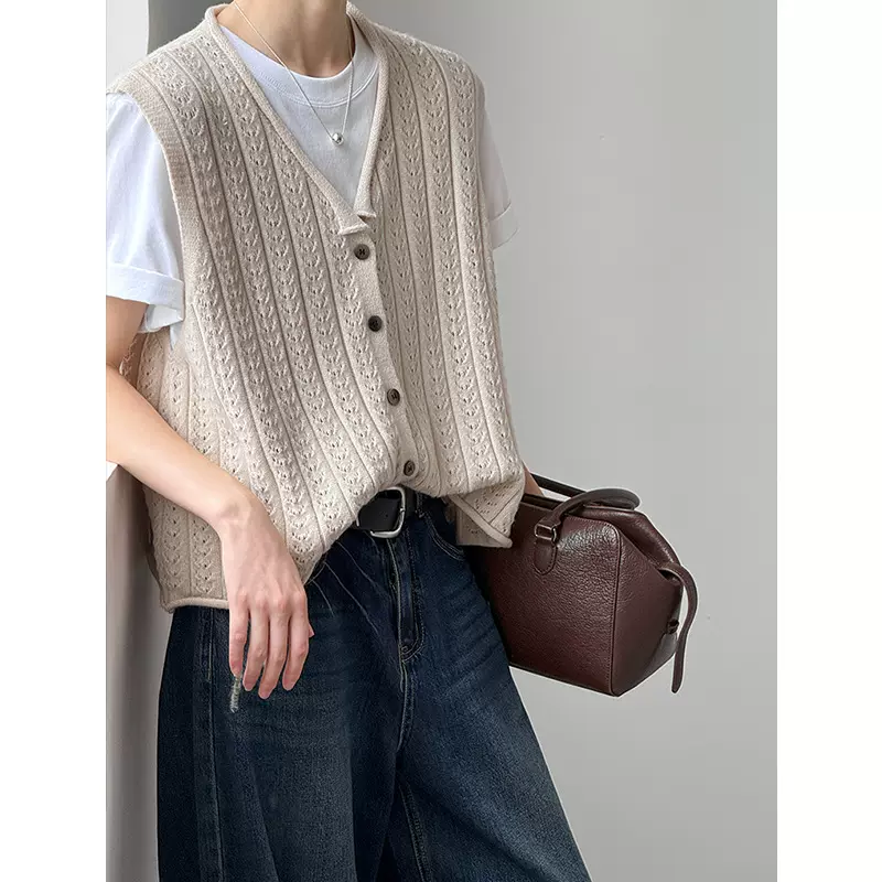 橘芷 早秋新款 镂空女V领开衫镂空百搭坎肩无袖v领针织 上衣 3322