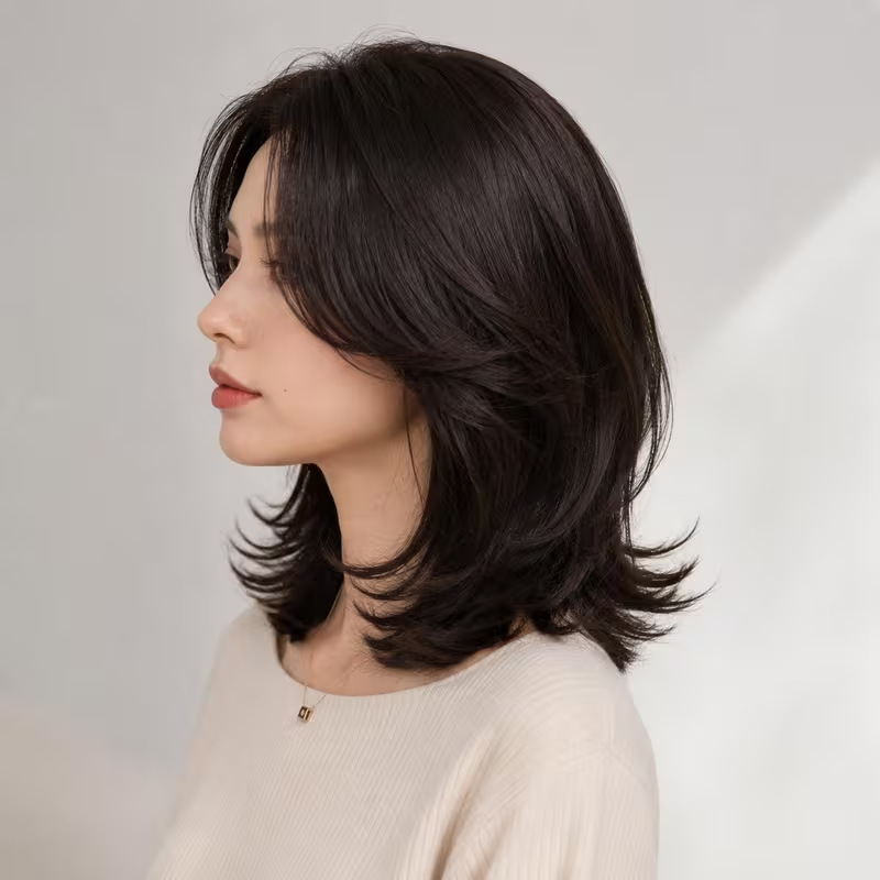Cross-border dark brown layered bob wig with side parting, slightly choppy medium-long hair, matte high-temperature synthetic long curly hairpiece