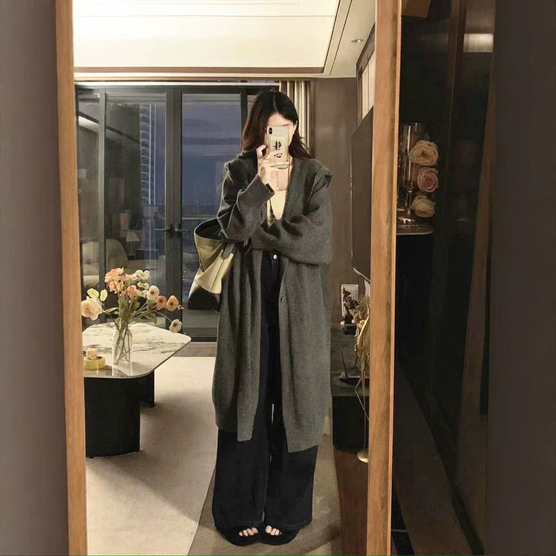Cross-Border Lazy Style Hooded Long Knitted Cardigan for Women, New Autumn and Winter Versatile Loose Over-The-Knee Sweater Long Coat for Women Cross-Border Lazy Style Hooded Long Knitted Cardigan for Women, New Autumn and Winter Versatile Loose Over-The-Knee Sweater Long Coat for Women