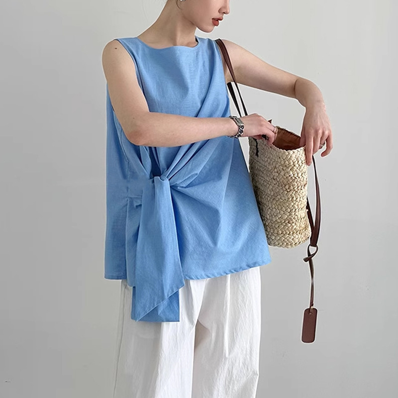 Korean Niche Design Twist A-Line Top Summer Sleeveless Vest Cotton and Linen Shirt for Women