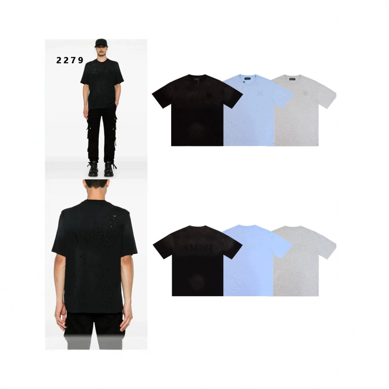 26 High-Quality Cross-Border Fashion Brand Short-Sleeve Amiri T-Shirt with Printed Wash Effect, American-Style Heavyweight Pure Cotton for Men and Women