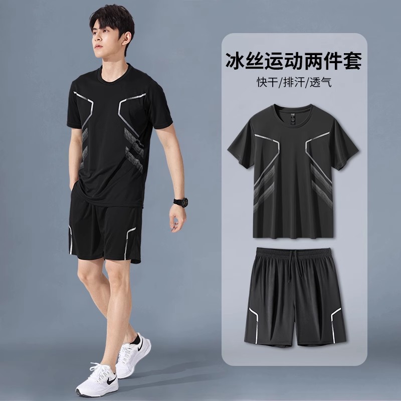 Verano ropa de secado rápida trajes deportivos para hombres correr mangas cortas chaqueta de baloncesto de hielo plumas ropa de fitness pantalones cortos de verano