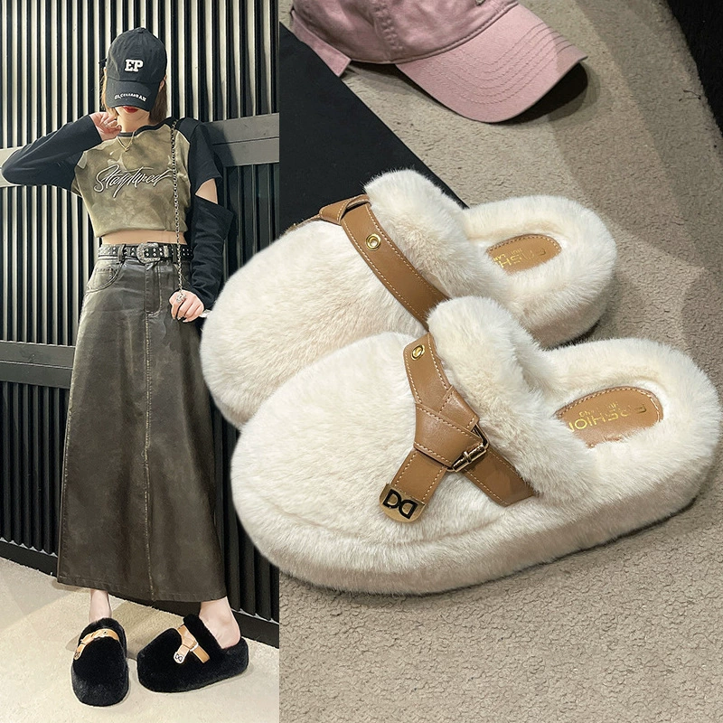 Внешняя торговля больших размеров 2023 осень и зима Новые тапочки Мао на толстой подошве женские тапочки с поясом оптом