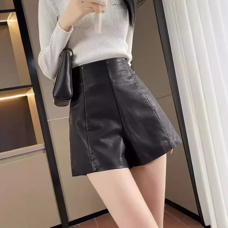 High waist leather shorts women 2024 new autumn and winter A- word spring and autumn slim pu wide leg wear black boots pants