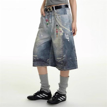 3D打印挂饰牛仔短裤男夏季宽松美式高街裤子潮牌痞帅设计感七分裤