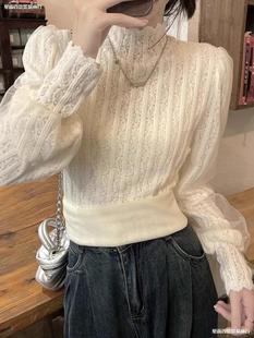 Autumn and Winter New Style 2024 Velvet Thickeneded Lace Bottoming Shirt Feminine Half Turtleneck Mesh Long-Sleeved Shirt Top