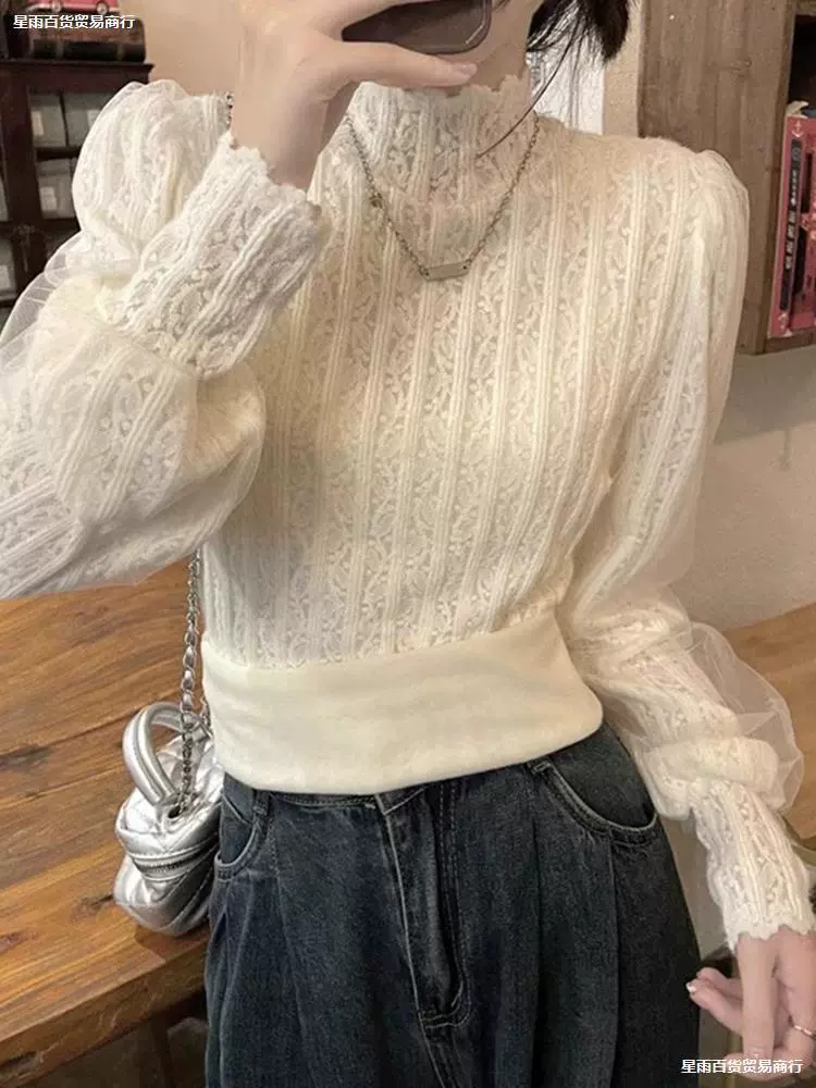 Новая осенне-зимняя коллекция 2024 года: бархатная утолщенная рубашка с кружевным низом, женственная рубашка с полугольфом и длинными рукавами из сетки.