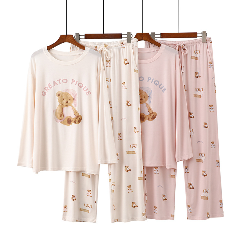 2025 New Cartoon Hat Bear Pajamas Women's Spring and Autumn Long Sleeves Long Pants Round Neck Loose Home Clothes Set