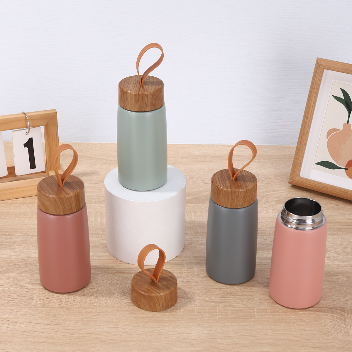 Taza térmica de acero inoxidable 304 - Doble capa al vacío - Tapa de madera estilo japonés - Portátil y mini - Ideal para regalo