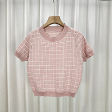 设计感千鸟格厚上衣气质内搭夏季新款短袖针织衫女打底衫圆领女潮