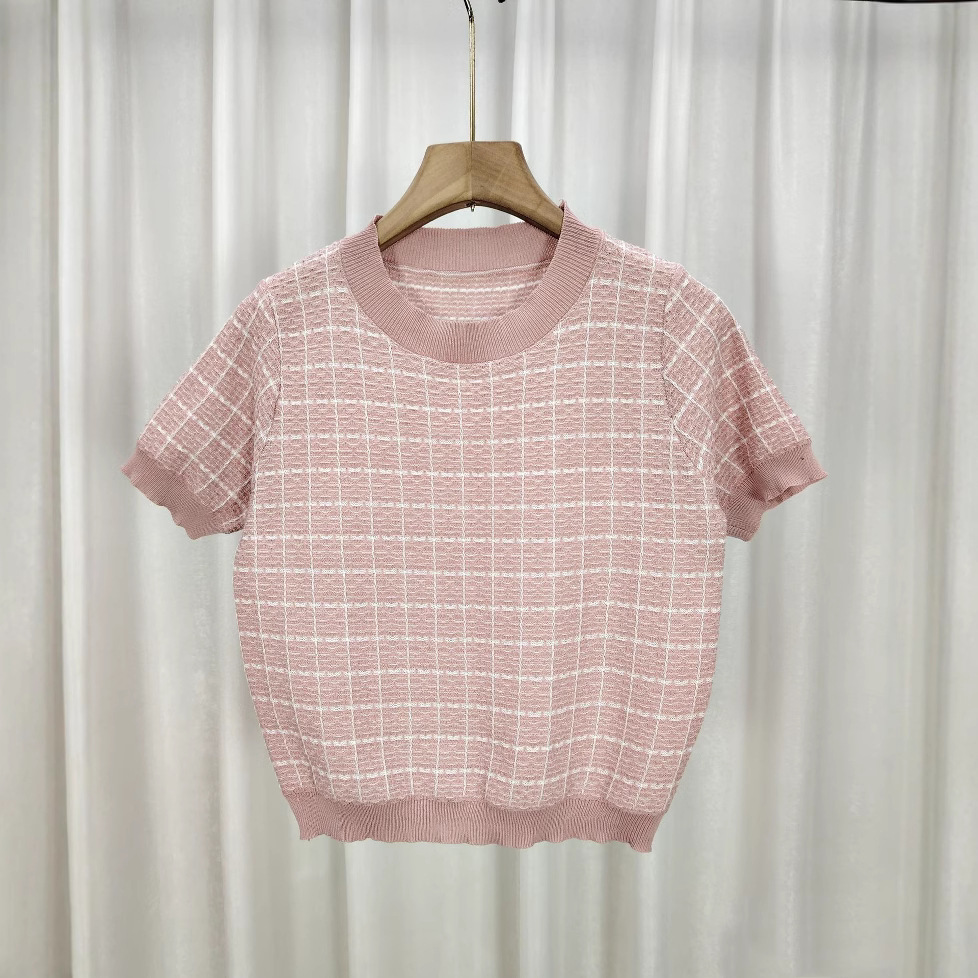 设计感千鸟格厚上衣气质内搭夏季新款短袖针织衫女打底衫圆领女潮