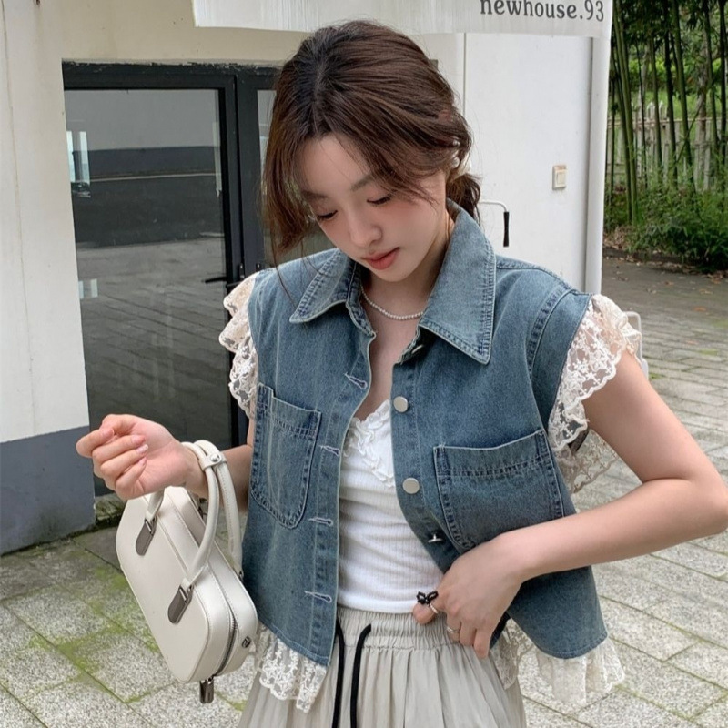 2026 New Summer Lace Patchwork Simple Casual Vest Denim Style Cardigan Short-Sleeve Top Jacket 2026 New Summer Lace Patchwork Simple Casual Vest Denim Style Cardigan Short-Sleeve Top Jacket