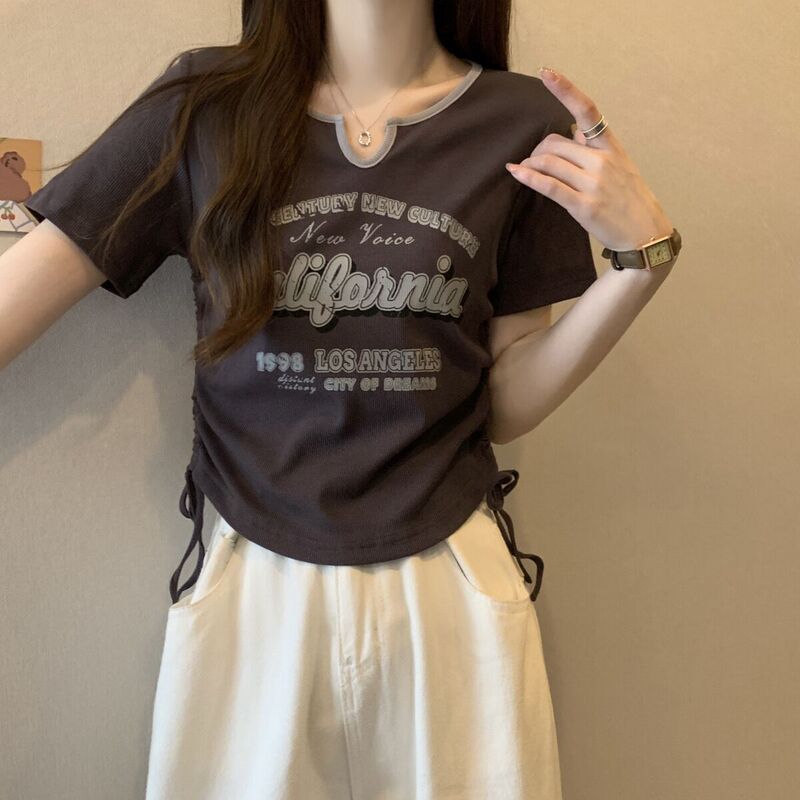 大码美式复古甜辣短袖t恤女2025夏季新款小个子短款显瘦抽绳上衣|undefined